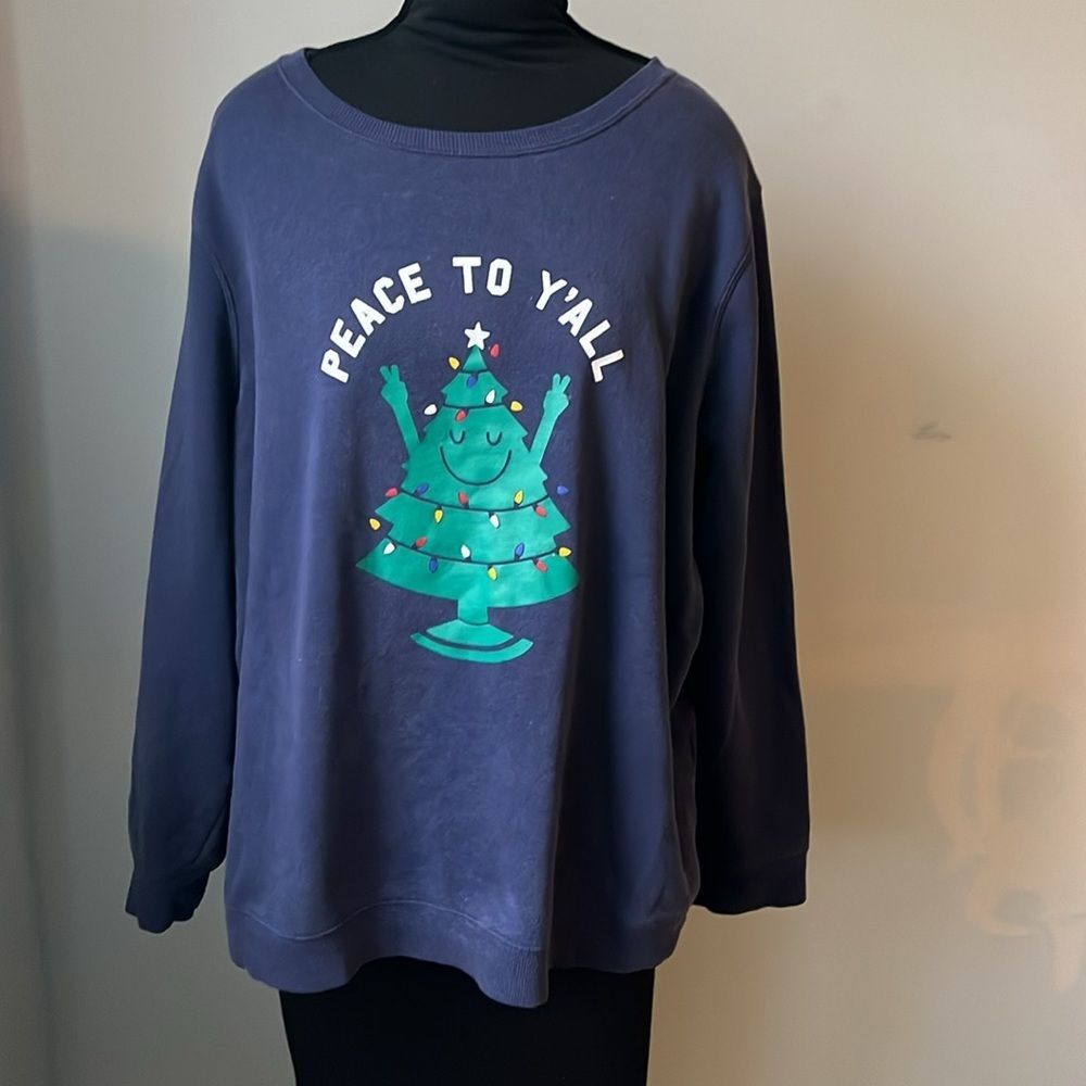 Old Navy Christmas sweater XXL blue tree peace to y’all sweater kitsch holiday